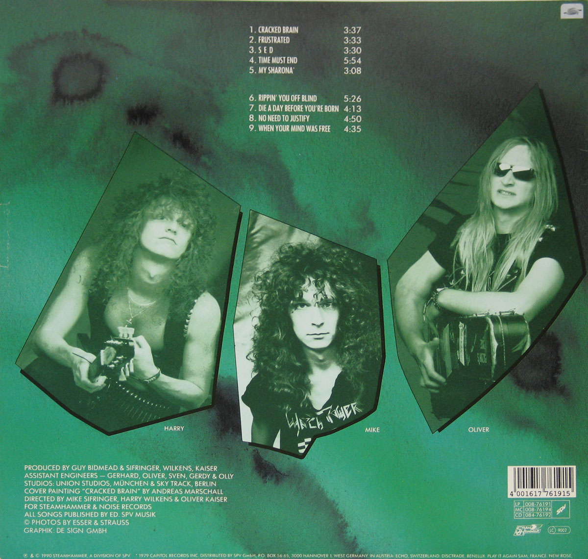 Back cover of Destruction’s “Cracked Brain” album, featuring green-toned images of band members Harry Wilkens (guitar), Mike Sifringer (guitar), and Oliver Kaiser (drums) in shard-like frames. Harry holds a guitar with an intense look, Mike appears stoic with long curly hair, and Oliver leans casually with sunglasses. Notably, vocalist André Grieder is absent from the imagery, despite his role on the album. The design includes production credits and a fragmented aesthetic.
